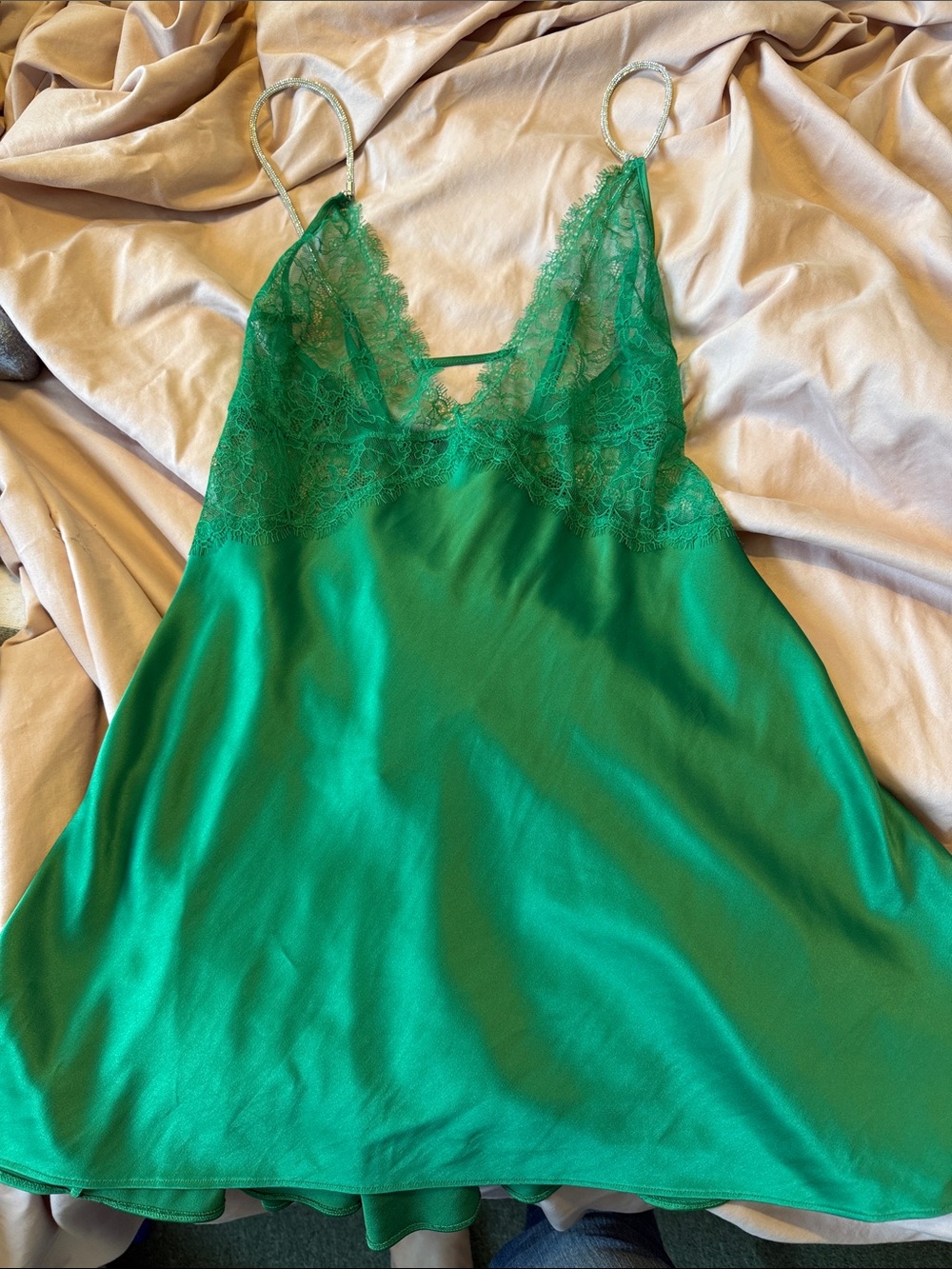 Victoria's Secret Emerald Green Lace-Trim Satin Chemise